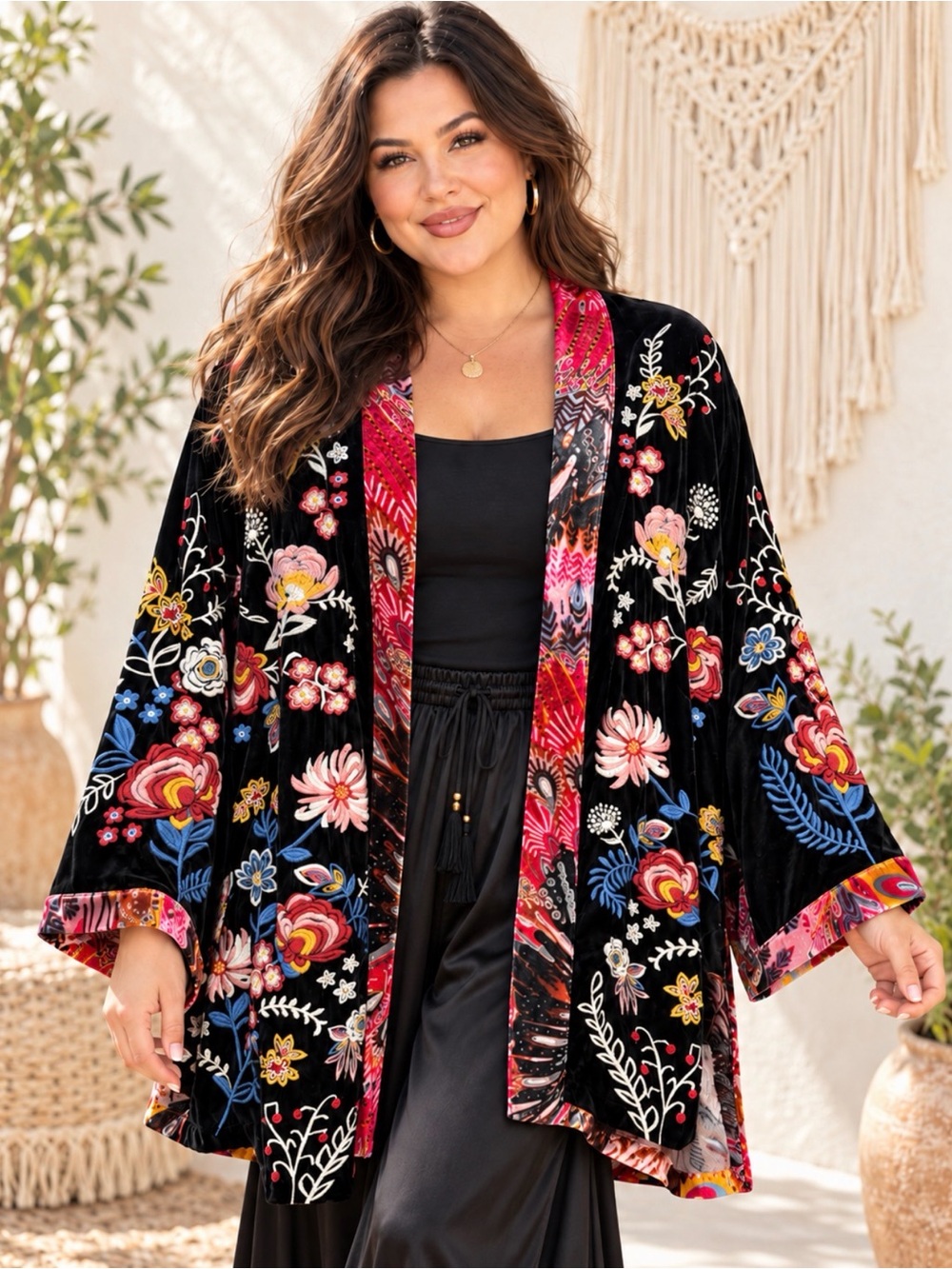 NWT John Mark Black Velvet Burnout Floral Embroidered Kimono Size 1X